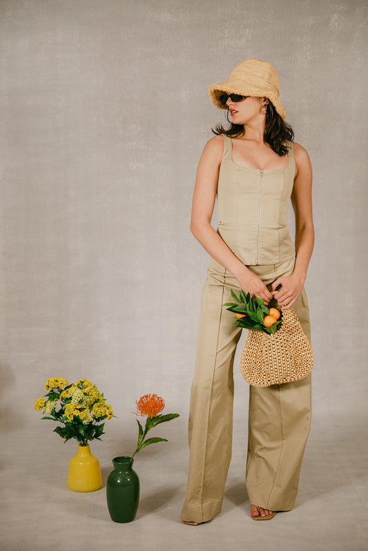 High-Waist Seam Pants - Khaki