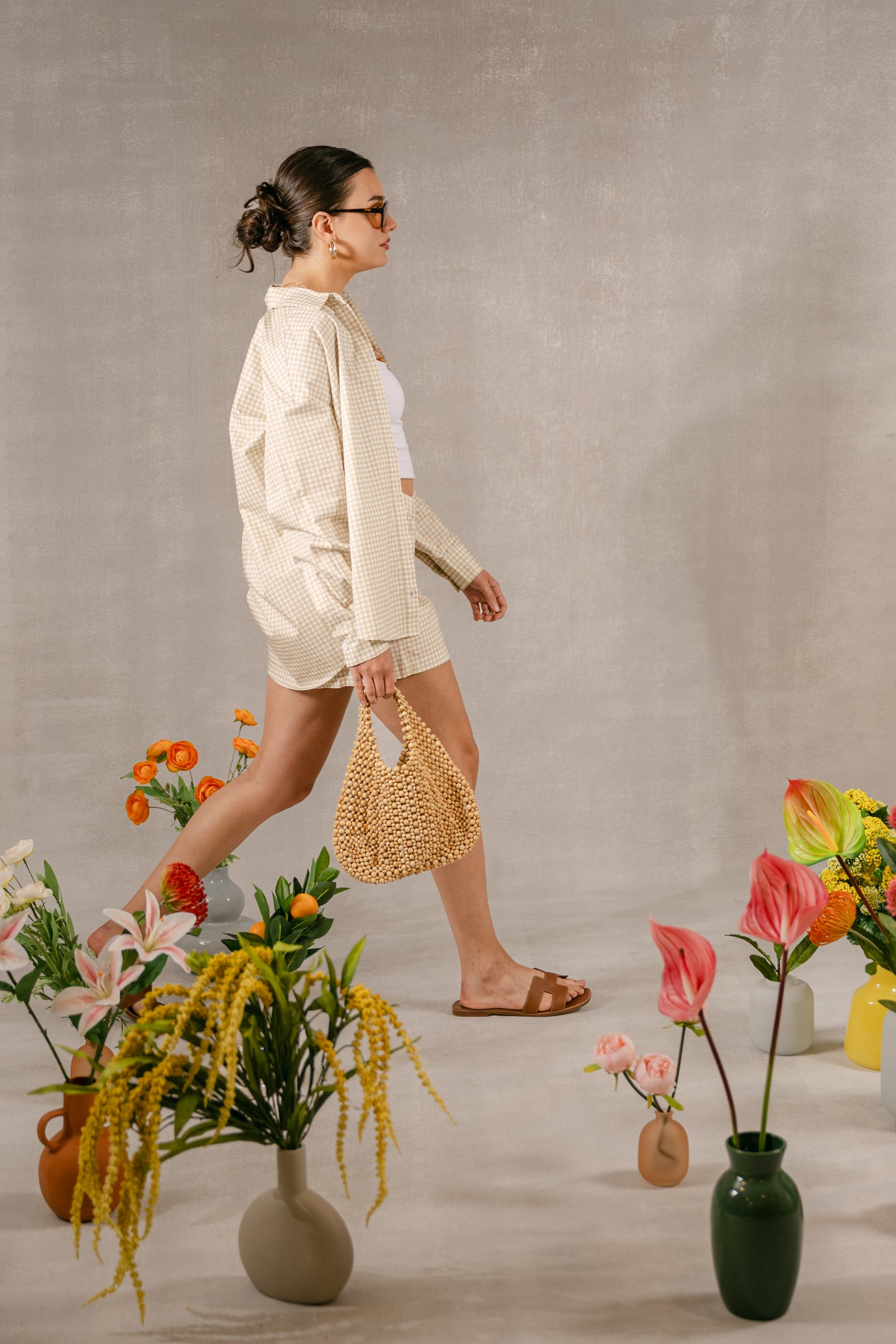 Oversized Button-Down Shirt - Beige & White Gingham
