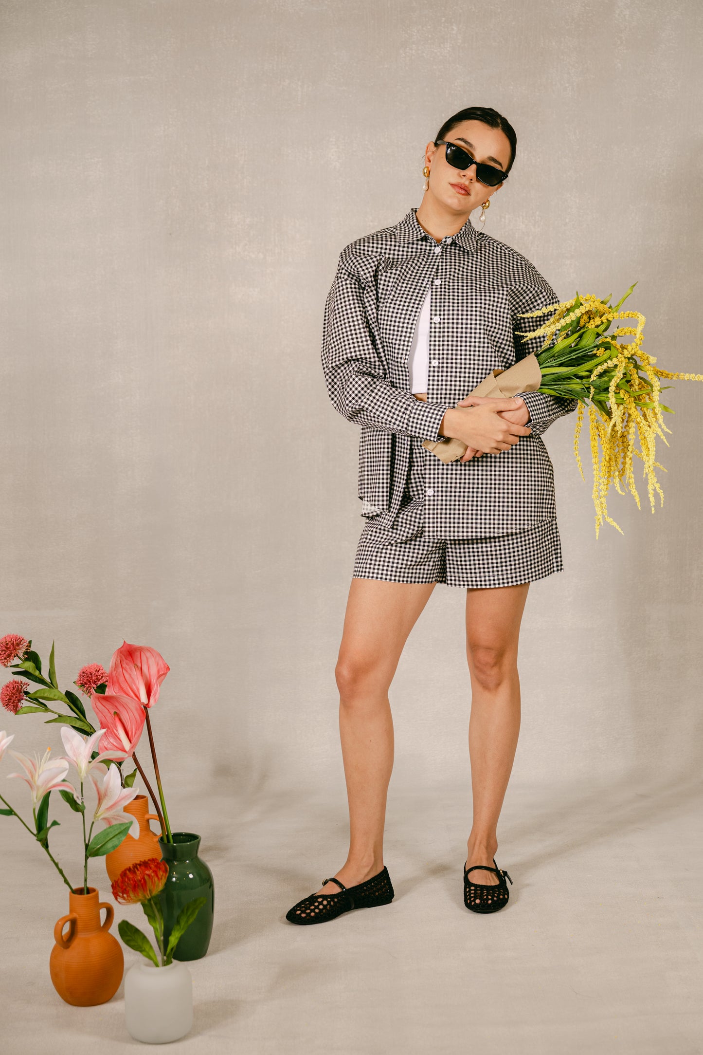 Oversized Button-Down Shirt -Black & White Gingham
