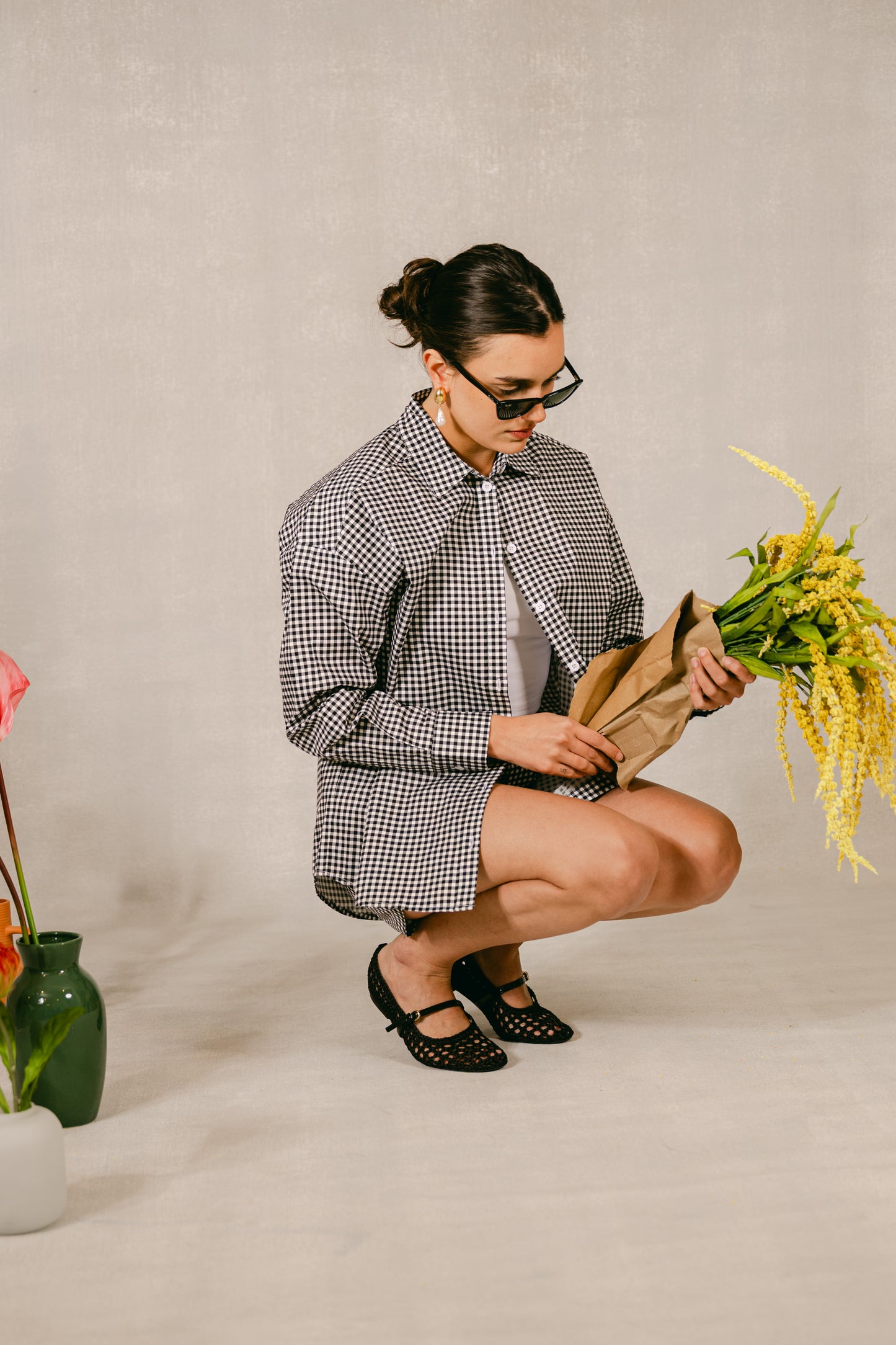 Oversized Button-Down Shirt -Black & White Gingham