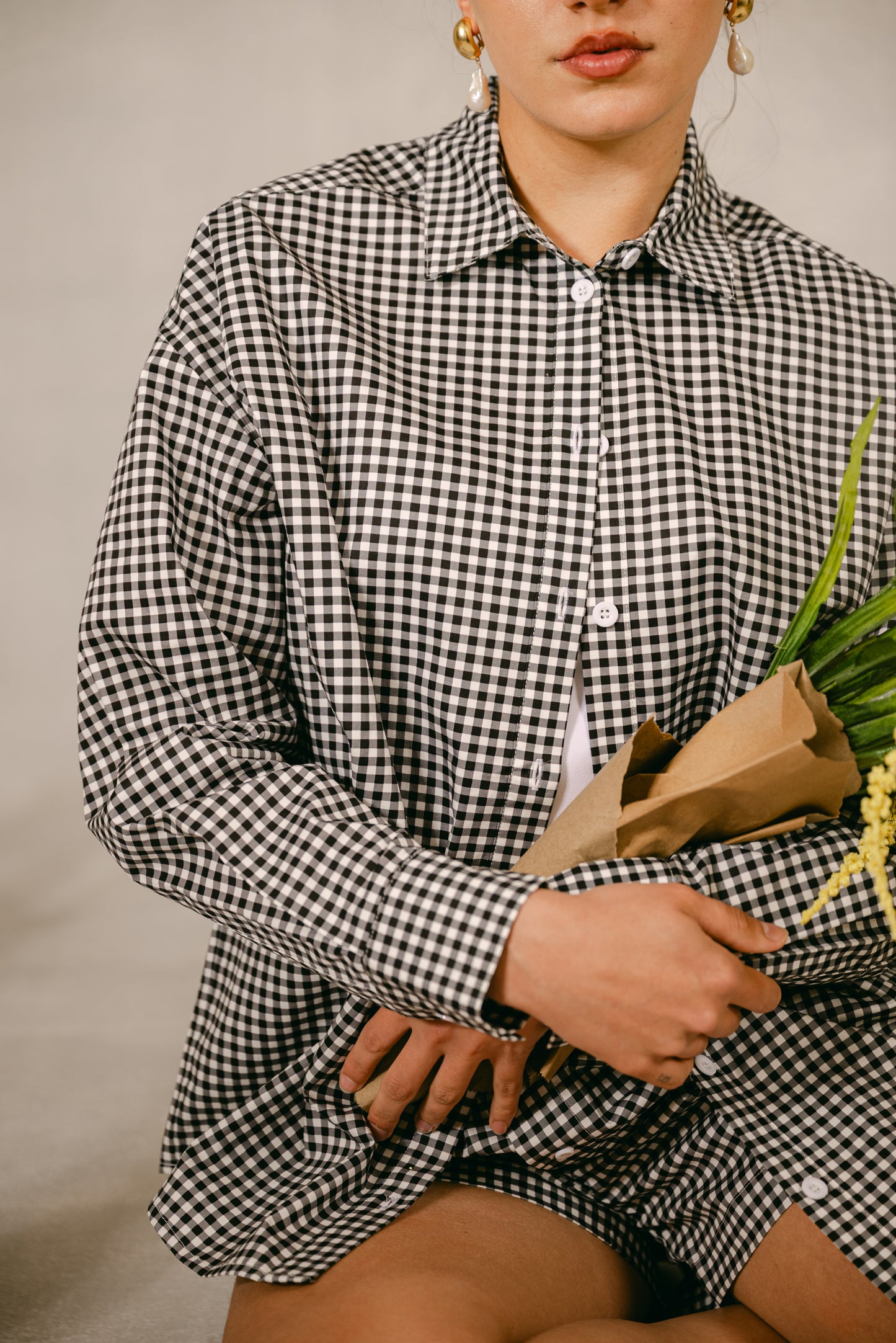 Oversized Button-Down Shirt -Black & White Gingham