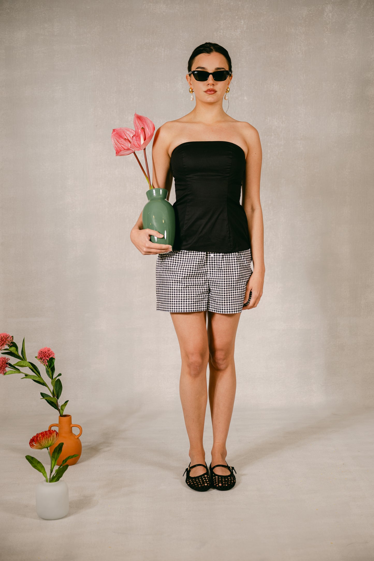 Gingham Elastic Shorts - Black & White